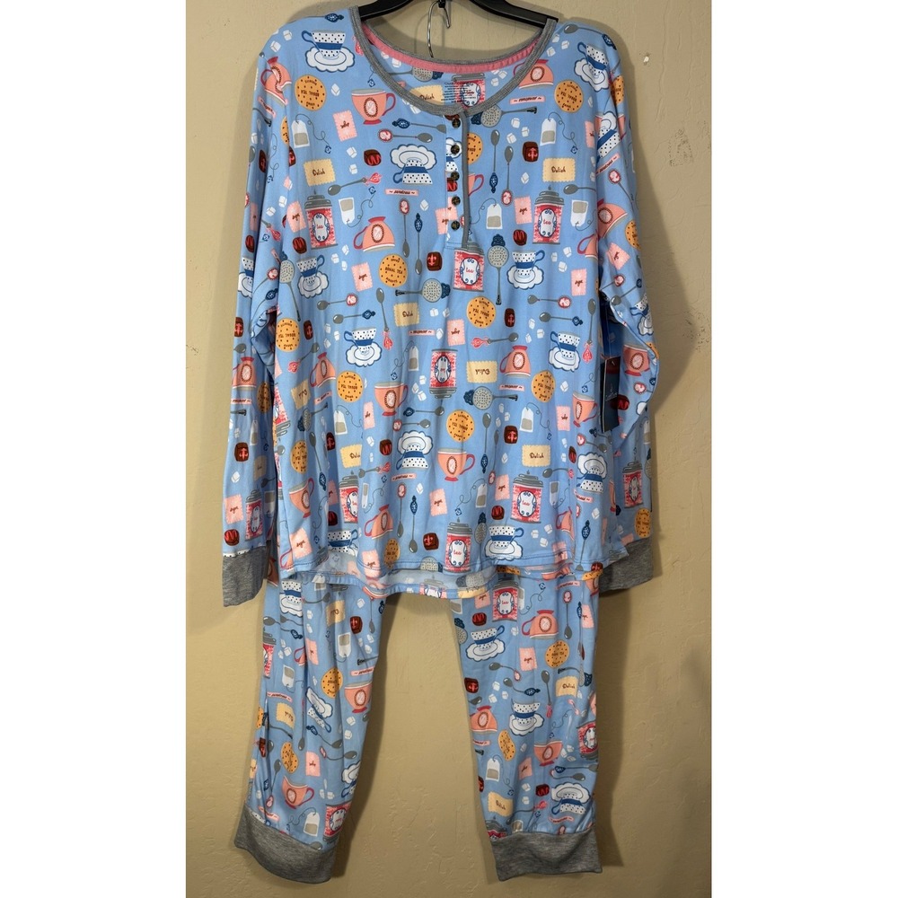 Cuddl Duds Pajama Set Women XXL Blue Tea Party Print Henley Jogger Pockets NEW
